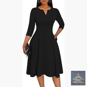 Midi Dress with Pockets, 3/4 Sleeve V-Neck A-Line Fit and Flare